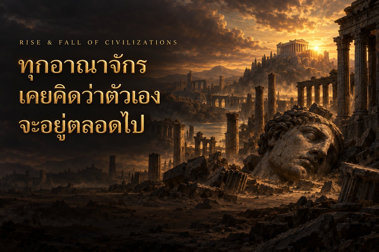 ซากเมืองโบราณยามพลบค่ำ พร้อมข้อความ ทุกอาณาจักร เคยคิดว่าตัวเองจะอยู่ตลอดไป